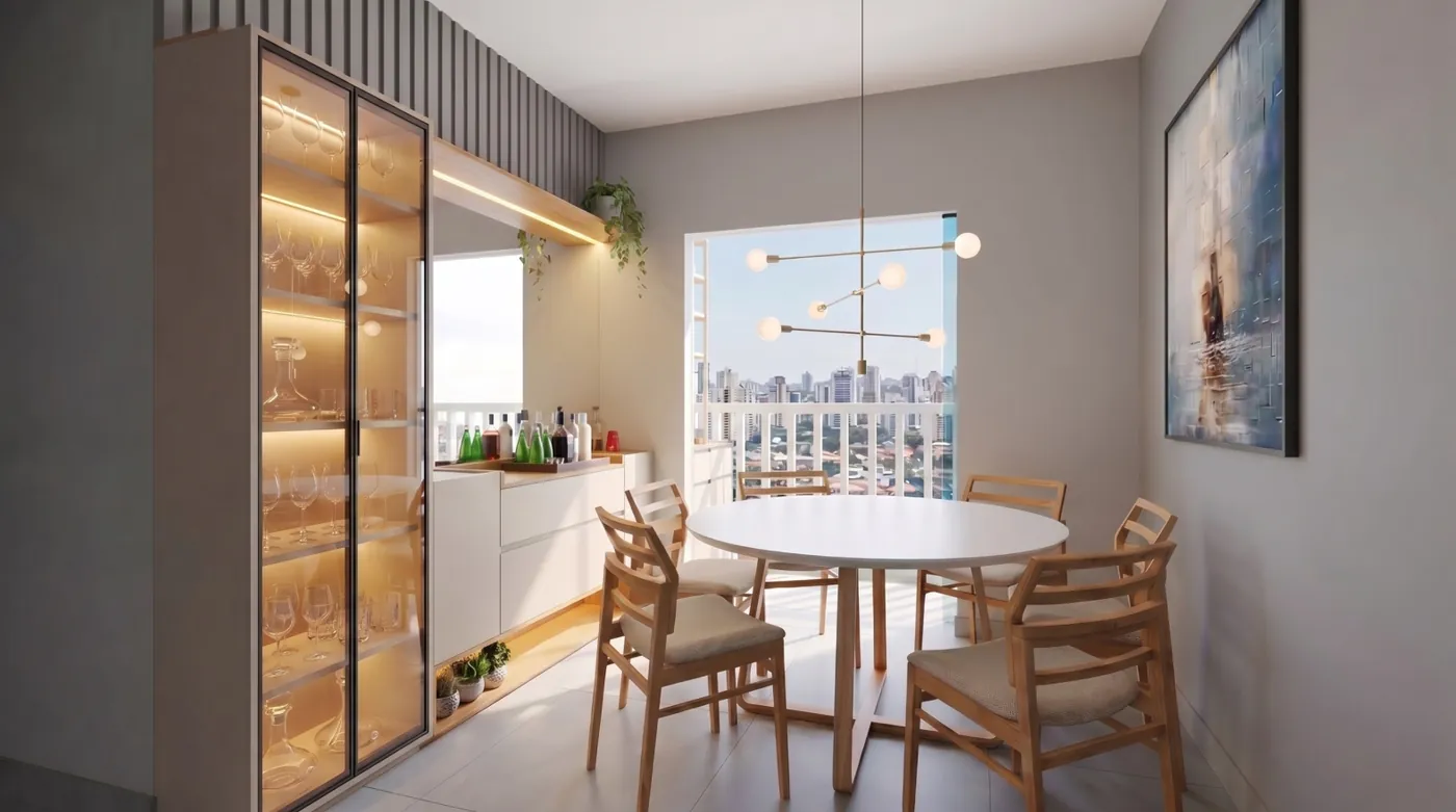 Render 3D de sala de jantar com cristaleira iluminada e mesa redonda