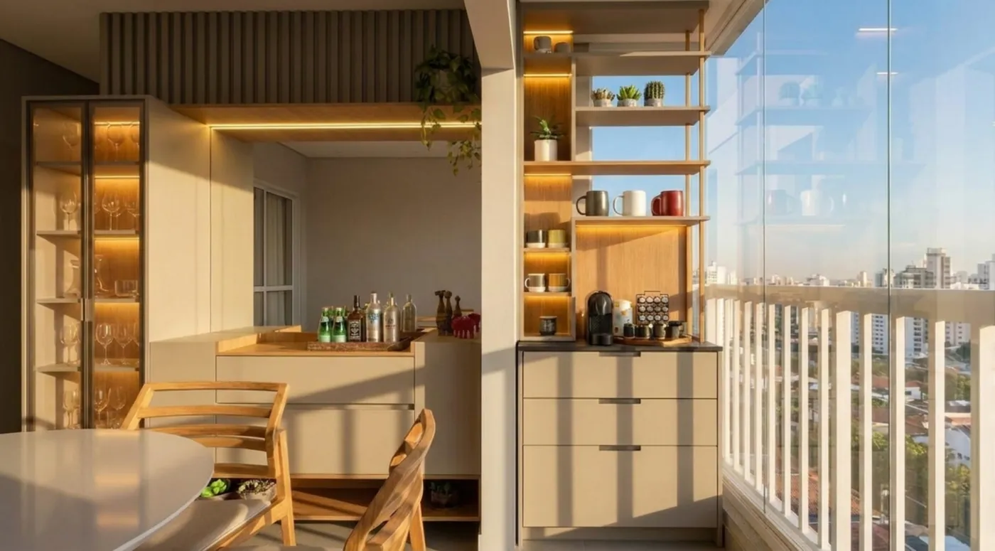 Render 3D de varanda gourmet com prateleiras, adega e bancada
